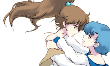 kino makoto, mizuno ami, bishoujo senshi sailor moon, kannazuki no miko, lowres, 2girls, blue hair, brown hair, miko embrace, multiple girls, parody, yuri