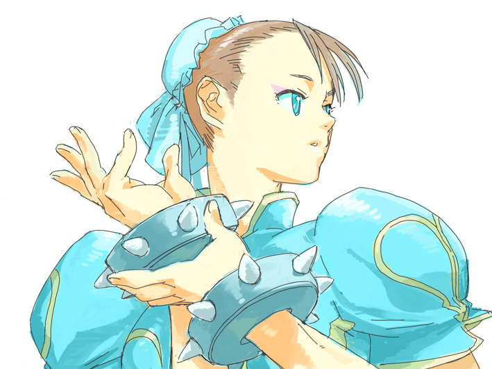 o/p.com, chun-li, capcom, street fighter, 1girl, blue eyes, bracelet, brown hair, female focus, jewelry, solo, spiked bracelet, spikes