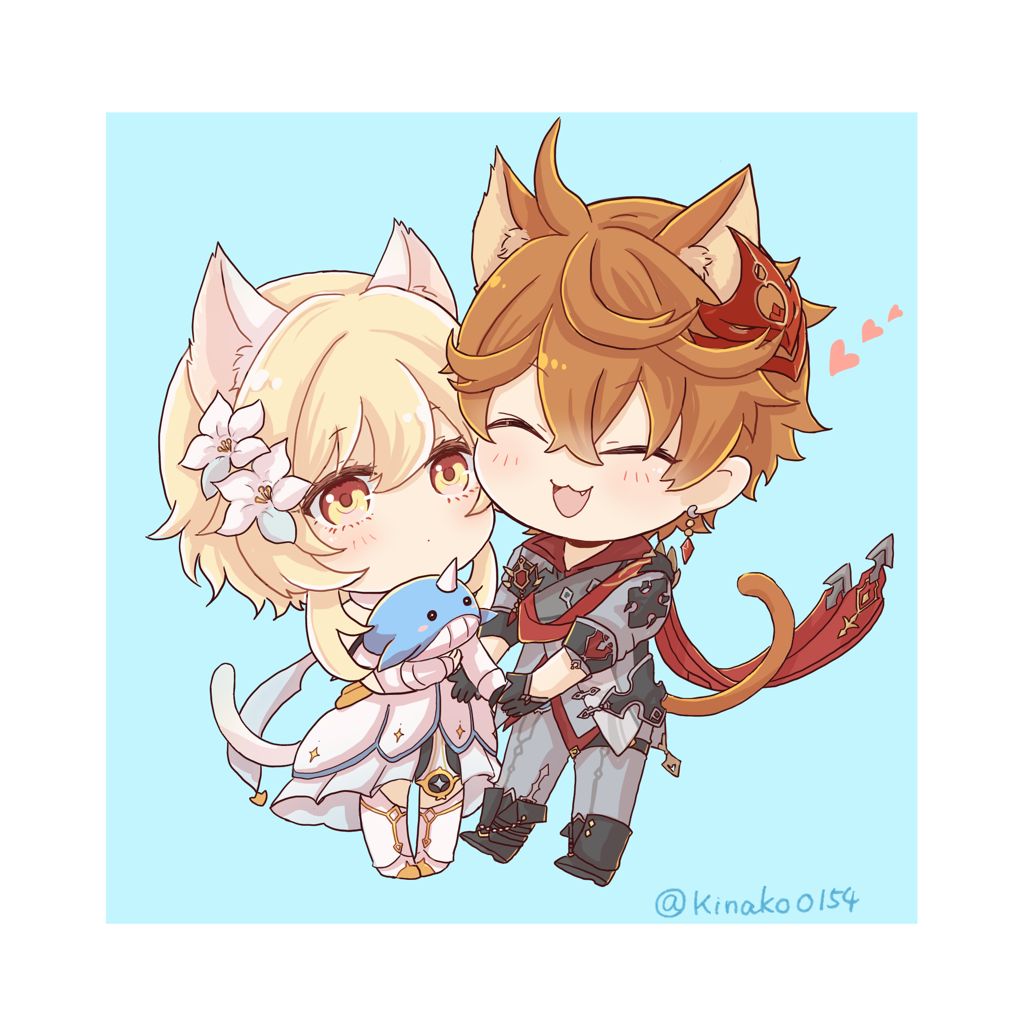 lumine (genshin impact), tartaglia (genshin impact), genshin impact, commentary request, highres, 1boy, 1girl, :3, animal ear fluff, animal ears, black boots, black gloves, blonde hair, blush, boots, chibi, chibi only, closed eyes, closed mouth, dot mouth, dress, earrings, fang, flower, gloves, grey jacket, grey pants, hair between eyes, hair flower, hair ornament, heart, jacket, jewelry, kemonomimi mode, kinako0154, looking at another, mask, mask on head, open mouth, orange hair, orange tail, pants, red mask, red scarf, scarf, short hair, short hair with long locks, tail, twitter username, white boots, white dress, white flower, white tail, yellow eyes