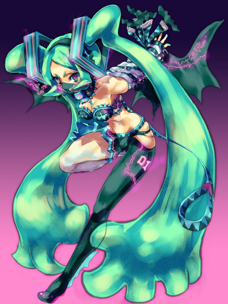 yanyo (ogino atsuki), hatsune miku, vocaloid, bad id, bad pixiv id, highres, aqua eyes, aqua hair, asymmetry, long hair, midriff, red eyes, solo, thighhighs, twintails, very long hair