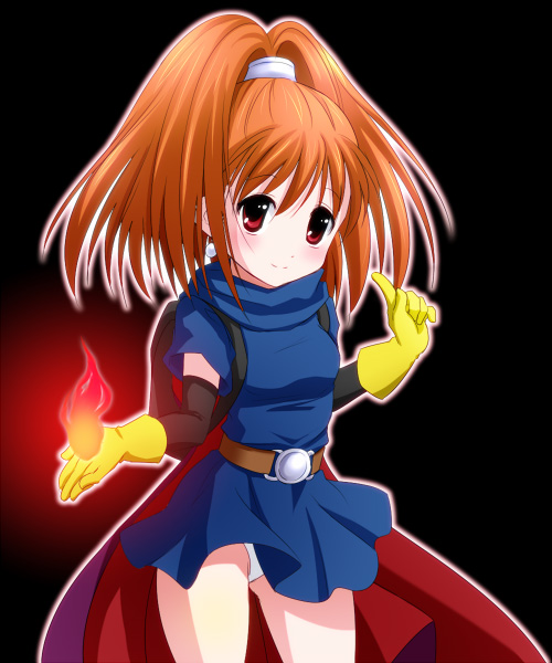 ochanomizu doggu, barbara (dq6), dragon quest, dragon quest vi, bad id, bad pixiv id, 1girl, backpack, bag, belt, blush, cape, dress, earrings, elbow gloves, female focus, fire, gloves, jewelry, long hair, orange hair, panties, ponytail, randoseru, red eyes, smile, solo, underwear