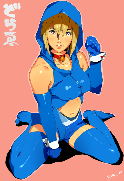 orushibu, doraemon (character), doraemon, original, 1girl, bare shoulders, bell, blonde hair, blue eyes, blue thighhighs, collar, elbow gloves, female focus, gloves, hood, latex, latex gloves, midriff, neck bell, personification, short hair, sitting, smile, solo, thighhighs, wariza