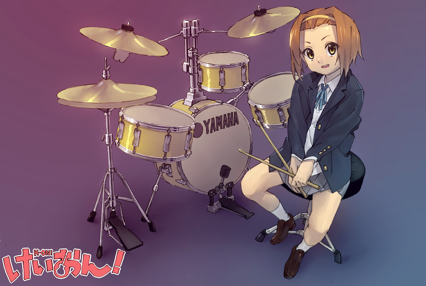 atsuki, tainaka ritsu, k-on!, bad id, bad pixiv id, highres, 1girl, blazer, brown hair, drum, drumsticks, female focus, full body, gradient background, instrument, jacket, loafers, school uniform, shoes, socks, solo, white socks, yellow eyes