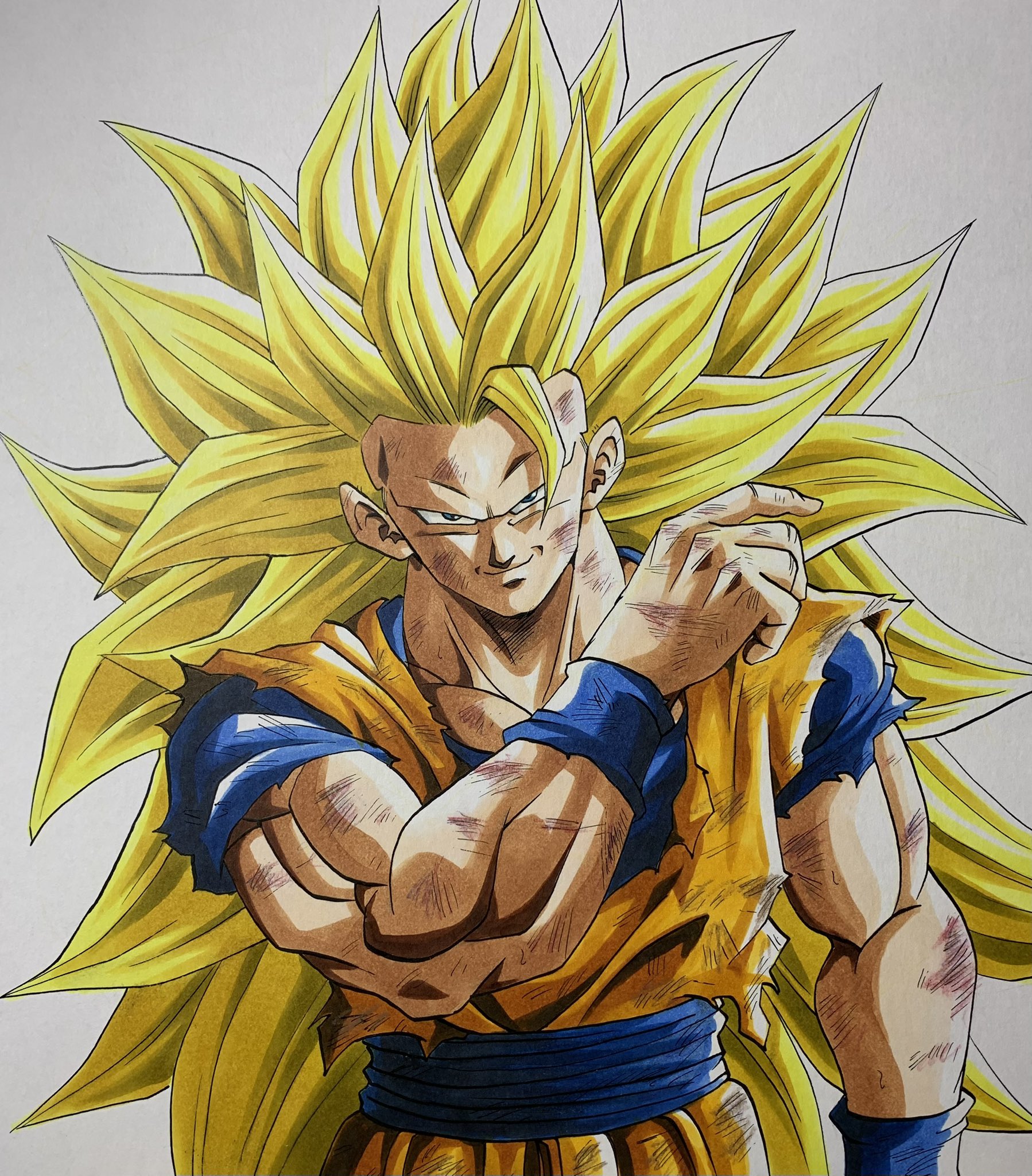 kasuteraboy25, son goku, dragon ball, dragonball z, highres, 1boy, blonde hair, blue sash, blue shirt, closed mouth, cowboy shot, dougi, green eyes, grey background, long hair, male focus, muscular, muscular male, no eyebrows, orange pants, orange shirt, pants, sash, shirt, simple background, smirk, solo, spiked hair, super saiyan, super saiyan 3, torn clothes, torn shirt, upper body