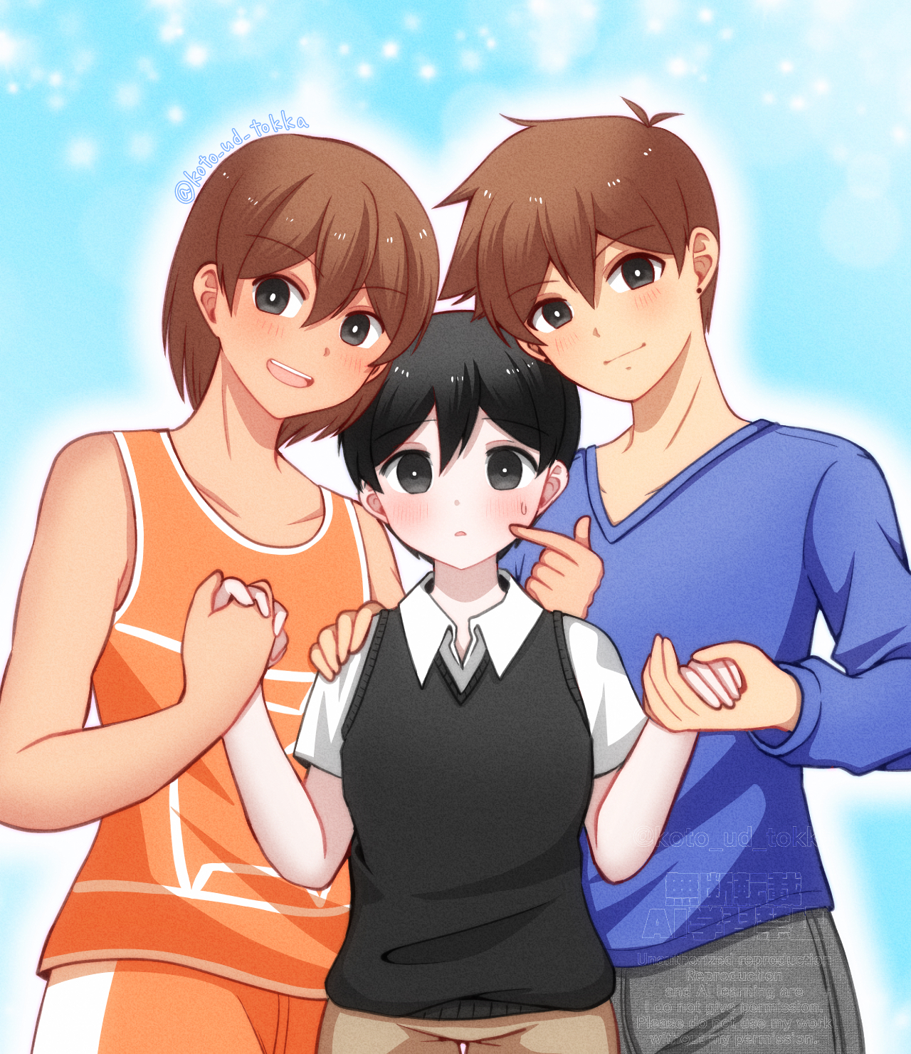 hisaho, hero (faraway) (omori), hero (omori), kel (faraway) (omori), kel (omori), sunny (omori), omori, commentary request, highres, 3boys, antenna hair, black eyes, black sweater vest, blue sweater, blush, bright pupils, brothers, brown hair, brown shorts, closed mouth, collarbone, collared shirt, dark-skinned male, dark skin, double-parted bangs, ear piercing, grey pants, hair behind ear, hair between eyes, hand on another's shoulder, holding hands, long sleeves, looking at viewer, male focus, multiple boys, open mouth, orange shorts, pants, piercing, shirt, short hair, short sleeves, shorts, siblings, smile, sweatdrop, sweater, sweater vest, teeth, tongue, twitter username, upper teeth only, watermark, white pupils, white shirt