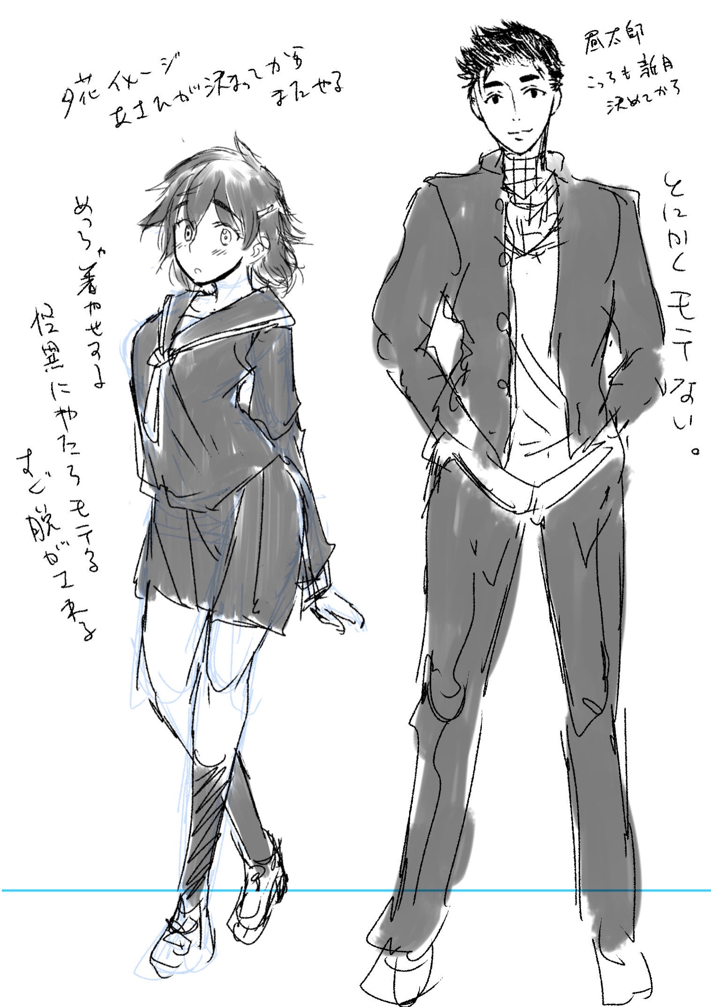 minazuki suu, commentary request, highres, unfinished, 1boy, 1girl, ahoge, blush, breasts, closed mouth, full body, gakuran, greyscale, hair ornament, hairclip, hand in pocket, jacket, looking at viewer, medium breasts, miniskirt, monochrome, open clothes, open jacket, pants, parted lips, pleated skirt, saigo no negai ni tsuki ga naku, school uniform, serafuku, shoes, short hair, sketch, skirt, smile, socks, standing, thick eyebrows, very short hair