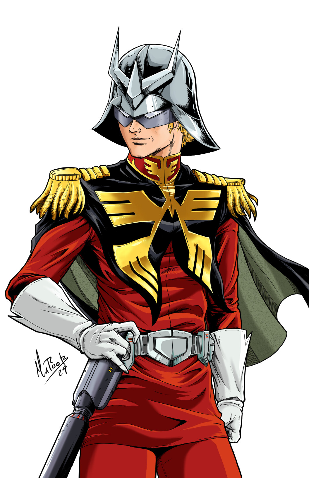 char aznable, gundam, mobile suit gundam, highres, photoshop (medium), 1boy, 2024, belt, blonde hair, capelet, combat helmet, dated, epaulettes, eye mask, gloves, helmet, holding, holding weapon, holster, mask, military rank insignia, military uniform, science fiction, signature, soldier, weapon, western comics (style), white background, white gloves