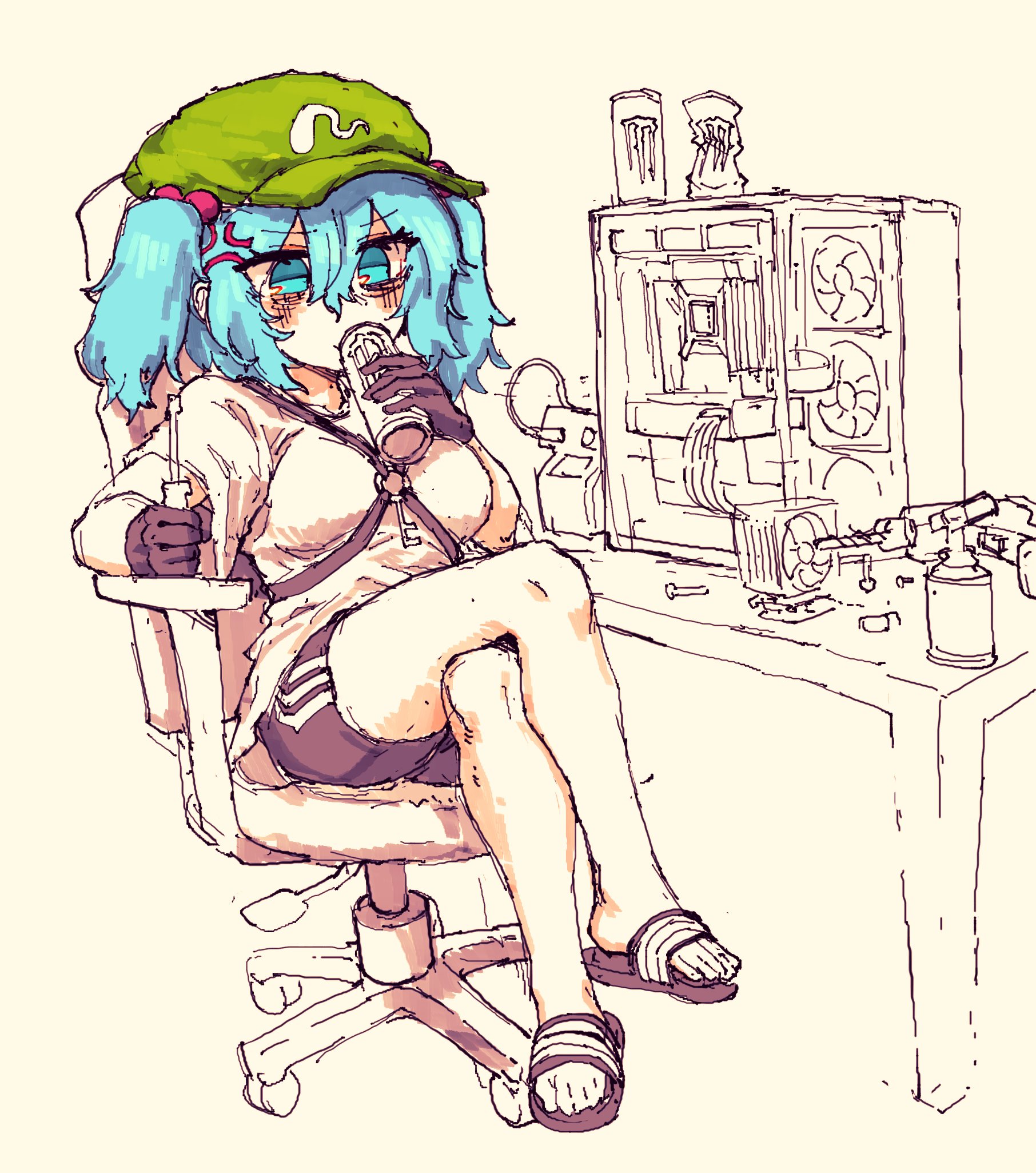 rampa93, kawashiro nitori, monster energy, touhou, commentary, commission, english commentary, highres, 1girl, alternate costume, anger vein, black gloves, black shoes, black shorts, blue eyes, blue hair, can, casual, chair, computer, computer tower, crossed legs, flat cap, full body, gloves, green hat, hair between eyes, hair bobbles, hair ornament, hat, holding, holding can, key, partially colored, sandals, screwdriver, shoes, short hair, shorts, sitting, solo, two side up