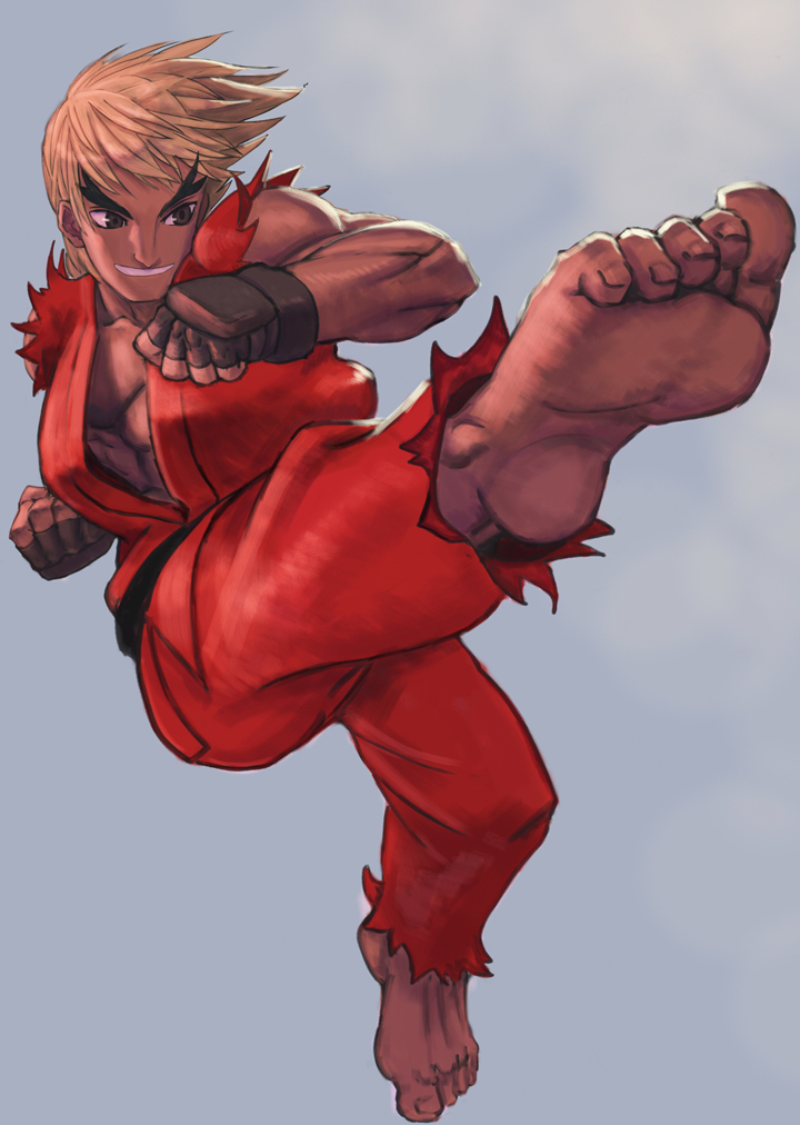 taka-san, ken masters, capcom, street fighter, barefoot, blonde hair, feet, foreshortening, kicking, male focus, muscular, solo, tatsumaki senpuukyaku