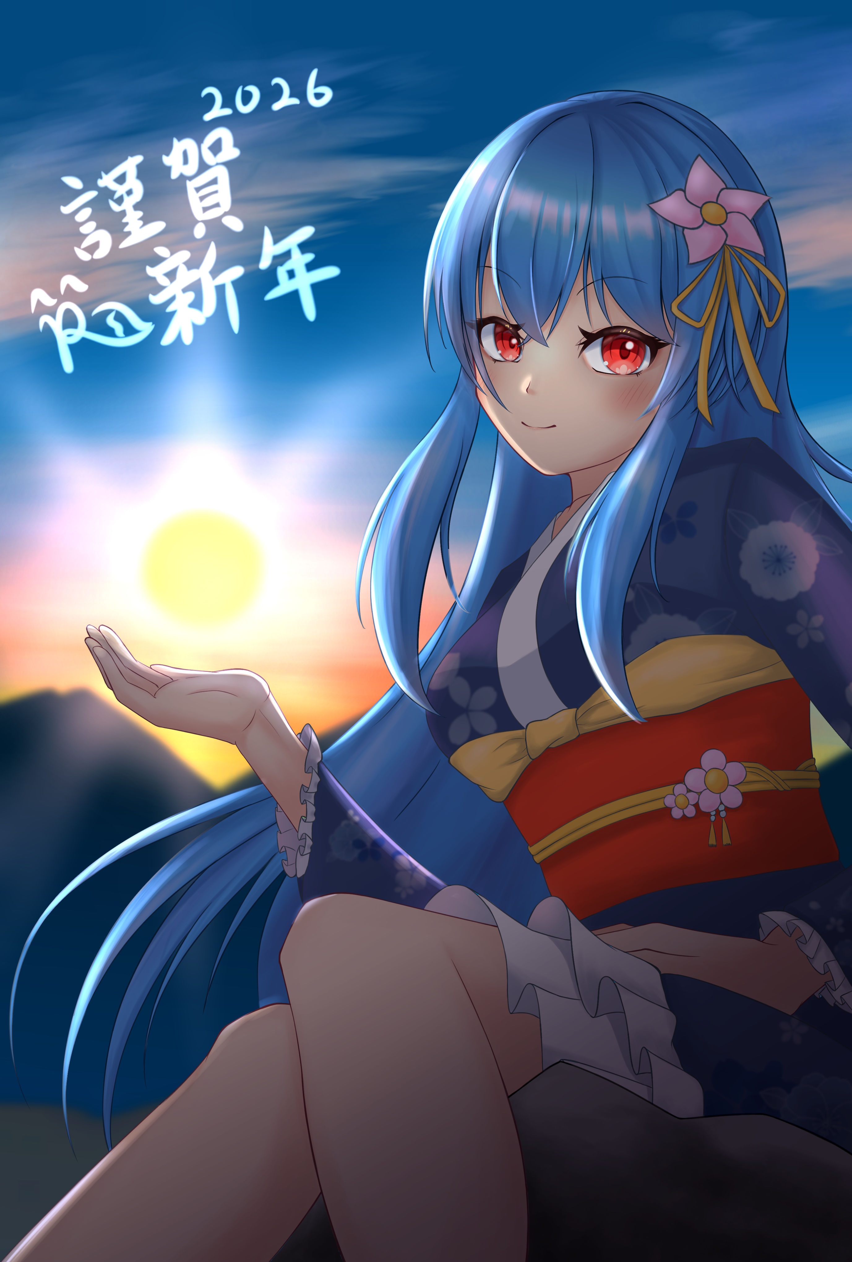 amanozyaku8901, hinanawi tenshi, touhou, absurdres, commentary request, highres, translation request, 1girl, 2026, alternate costume, blue hair, blue kimono, blush, closed mouth, cloud, floral print, flower, hair flower, hair ornament, japanese clothes, kimono, long hair, outdoors, red eyes, sitting, sky, smile, solo, sun, sunset, yukata