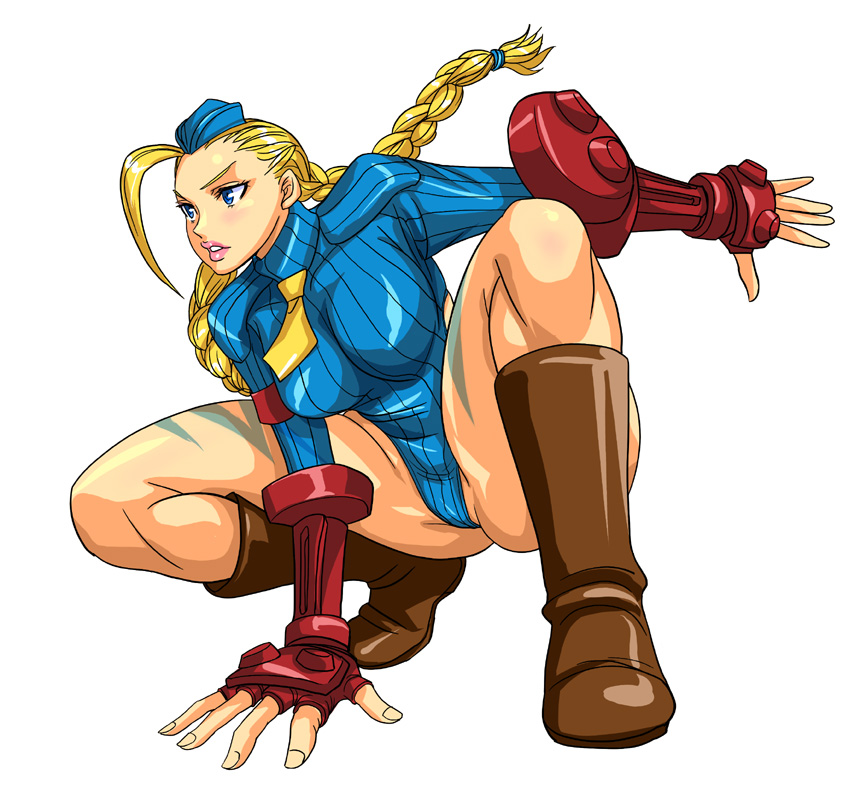 iad, cammy white, capcom, street fighter, 1girl, ahoge, beret, blonde hair, blue leotard, boots, braid, female focus, fingerless gloves, garrison cap, gloves, hat, huge ahoge, leotard, no panties, sleeved leotard, solo, squatting