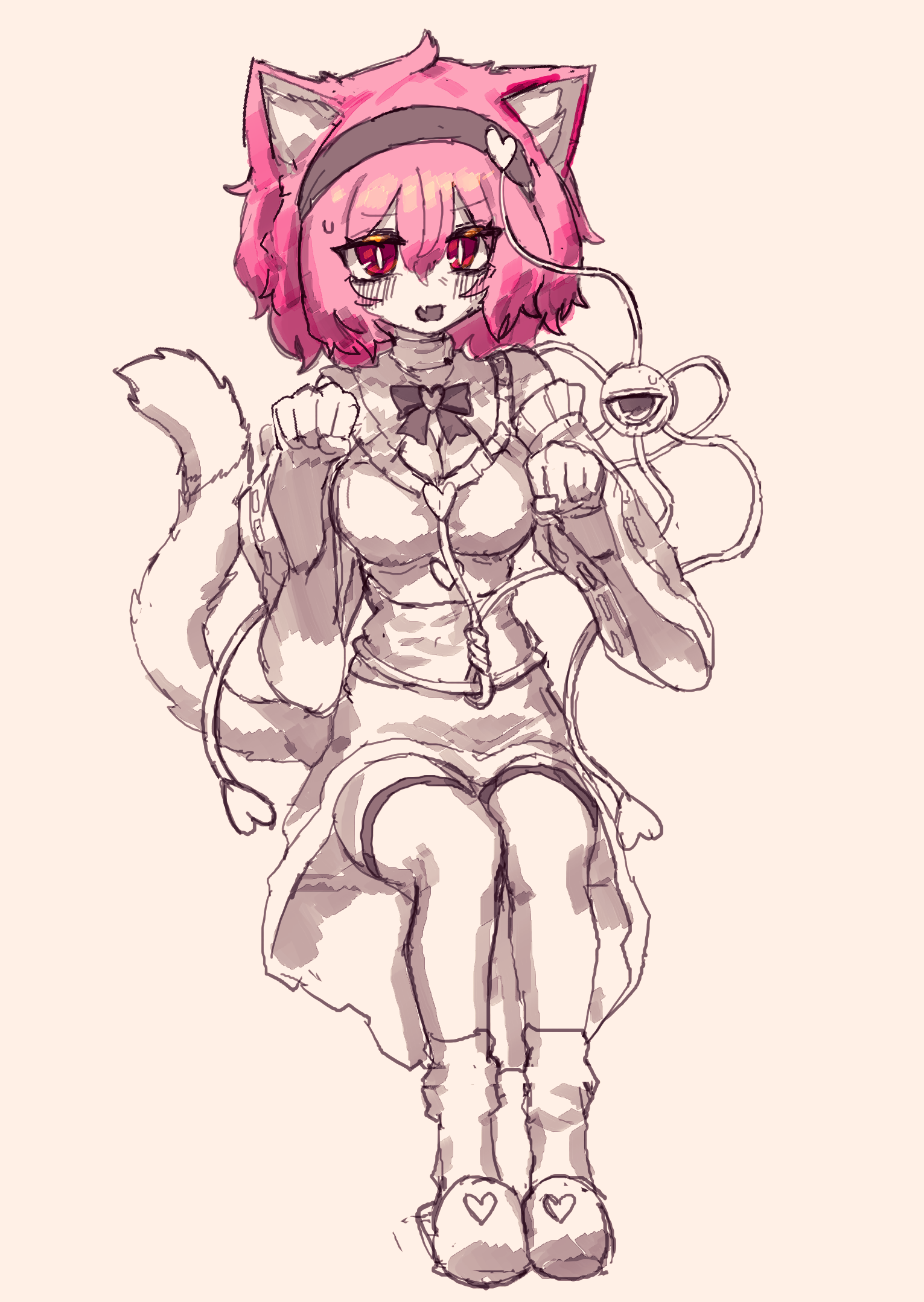 rampa93, komeiji satori, touhou, commentary, highres, korean commentary, 1girl, ahoge, animal ears, blush, breasts, bright pupils, cat ears, cat girl, cat tail, cleavage, clenched hands, dress, fang, long sleeves, messy hair, open mouth, partially colored, paw pose, pink hair, red eyes, short hair, simple background, sitting, skin fang, slippers, socks, solo, sweatdrop, tail, third eye, white pupils, wide sleeves