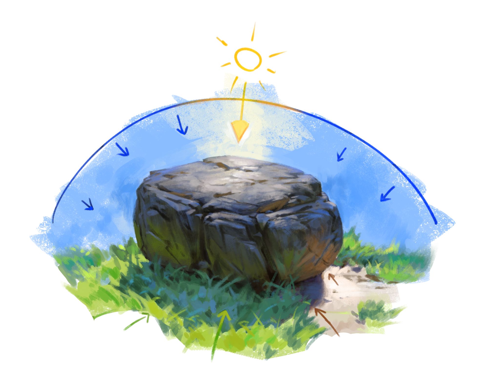 noah bradley, original, commentary, english commentary, highres, arrow (symbol), guide, herb, no humans, outdoors, rock, sun, white background