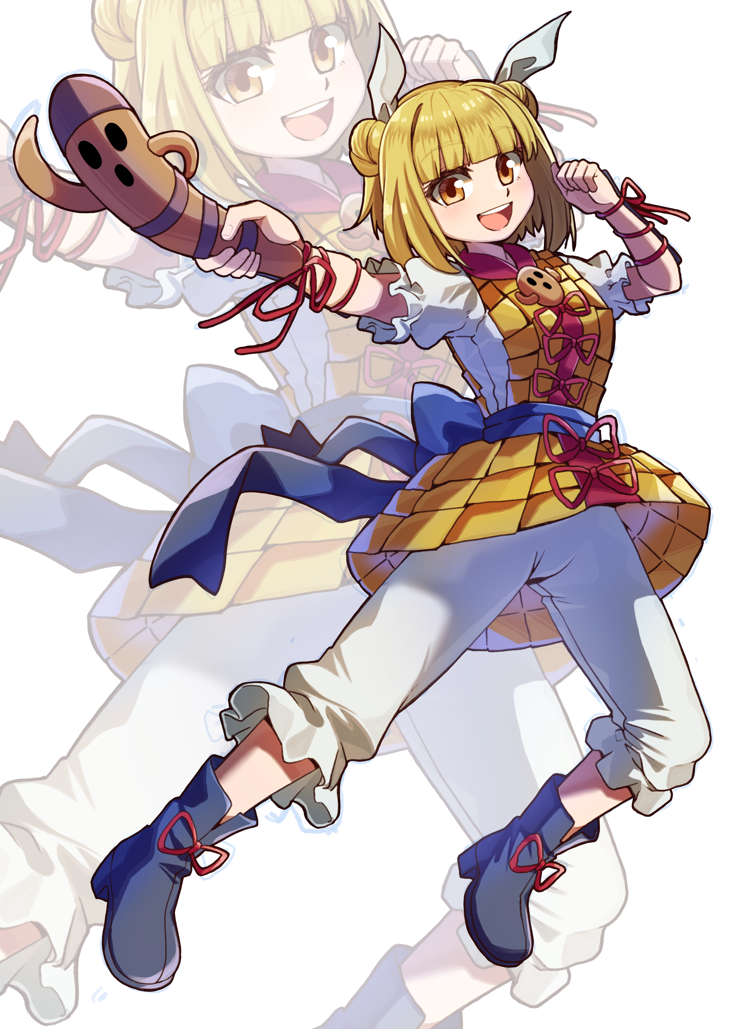 renshirenji, joutouguu mayumi, touhou, absurdres, hashtag-only commentary, highres, 1girl, :d, armor, armored dress, blonde hair, blunt bangs, blush, double bun, dress, grey shoes, hair bun, hair ribbon, haniwa (statue), looking at viewer, open mouth, orange eyes, pants, ribbon, shoes, short hair, simple background, smile, solo, vambraces, white background, white pants, yellow dress, yellow eyes, zoom layer