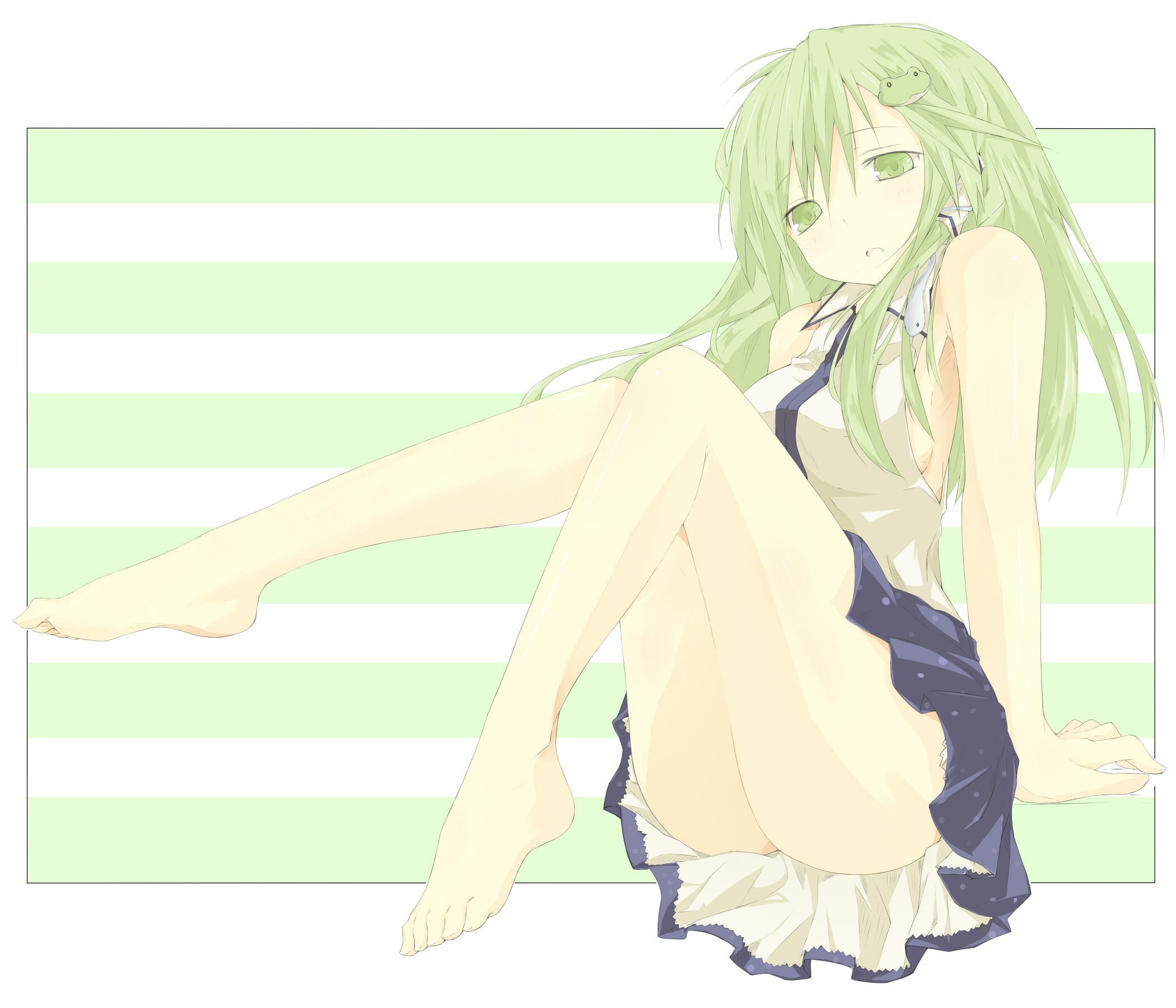 kitsune (scaz), kochiya sanae, touhou, highres, 1girl, ass, barefoot, breasts, feet, female focus, frog, full body, green eyes, green hair, hair ornament, japanese clothes, legs, long hair, sitting, snake, solo
