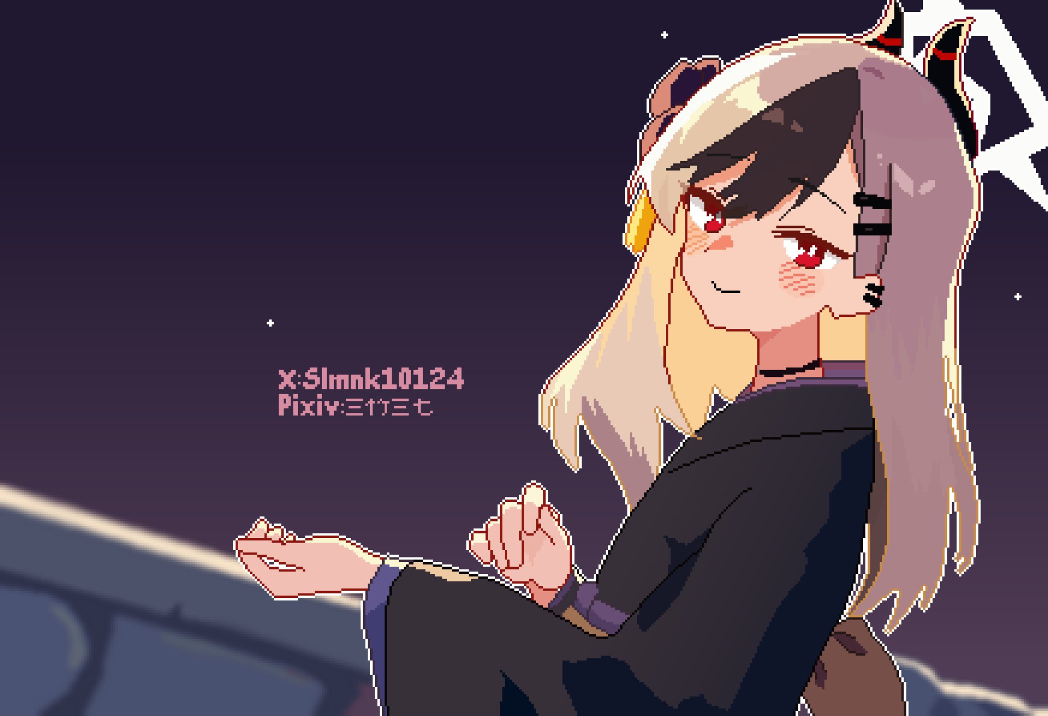 kayoko (blue archive), kayoko (new year) (blue archive), blue archive, highres, 1girl, black hair, black kimono, black sky, blush stickers, closed mouth, double-parted bangs, from side, grey hair, hair ornament, hairclip, halo, horns, japanese clothes, kimono, long hair, long sleeves, looking at viewer, multicolored hair, night, official alternate costume, outdoors, parallel hairclips, pixel art, red eyes, sky, slmnk10124, smile, solo, two-tone hair, upper body, white halo