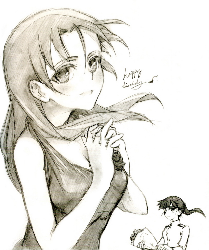 kisetsu, minna-dietlinde wilcke, sakamoto mio, strike witches, world witches series, uniform, bad id, bad pixiv id, 2girls, brown theme, dress, flower, long hair, monochrome, multiple girls, ponytail