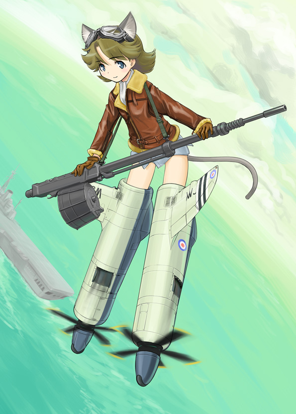 ugai yuichi, strike witches, world witches series, md5 mismatch, resolution mismatch, source larger, 1girl, aircraft carrier, animal ears, blue eyes, brown hair, drum magazine, female focus, gloves, goggles, gun, jacket, leather, leather jacket, machine gun, magazine (weapon), military, military vehicle, ship, solo, striker unit, tail, warship, watercraft, weapon