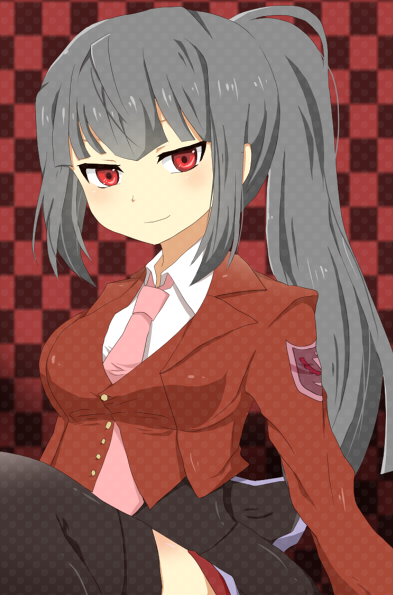 ryukishi07, yuzuki chimari, belphegor (umineko), no naku koro ni (series), umineko no naku koro ni, bad id, bad pixiv id, 1girl, black hair, black thighhighs, breasts, female focus, long hair, medium breasts, necktie, pink necktie, ponytail, red eyes, solo, thighhighs