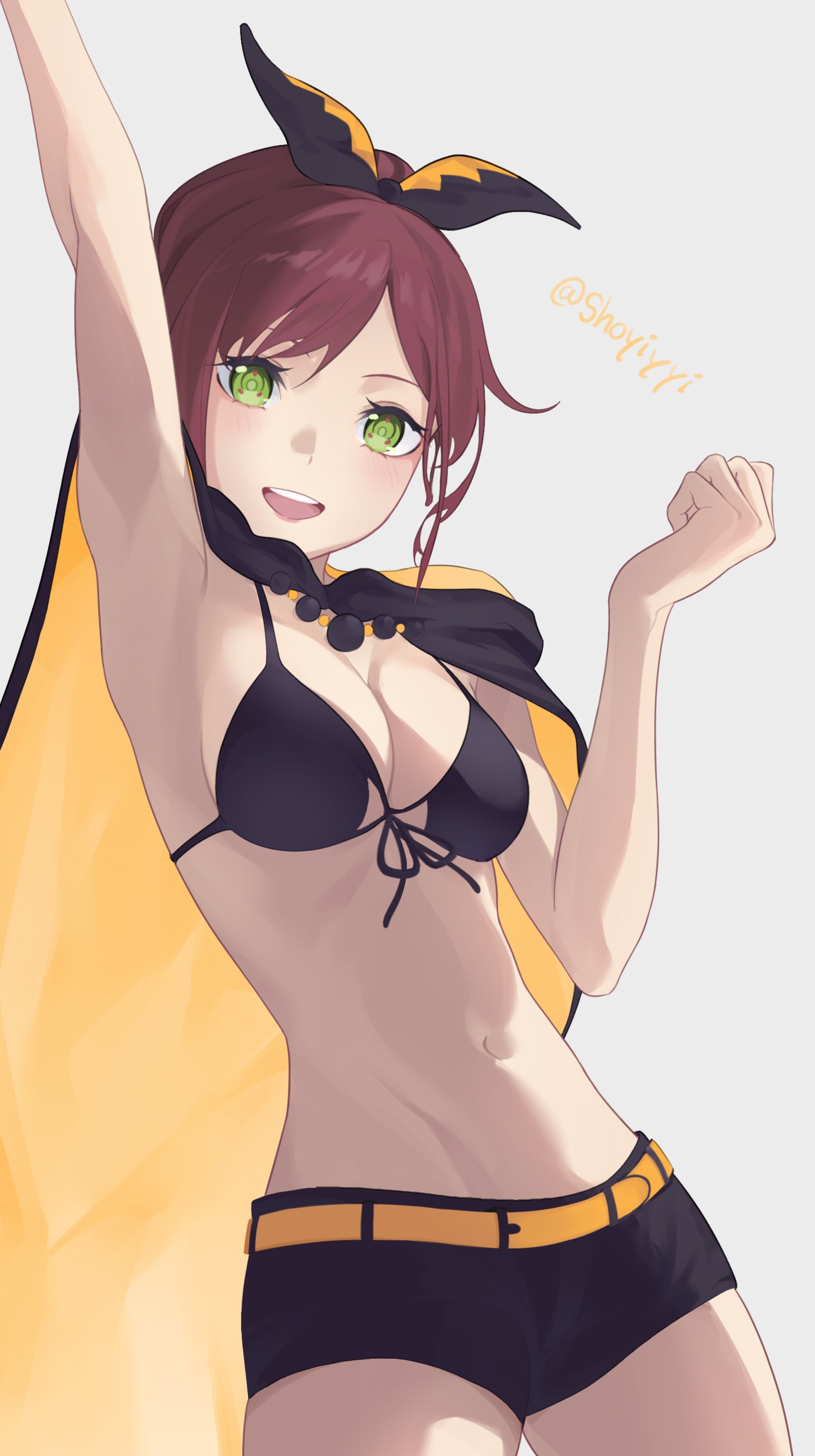 shaula (re:zero), re:zero kara hajimeru isekai seikatsu, absurdres, commentary, highres, symbol-only commentary, 1girl, :d, arm up, armpits, belt, bikini, bikini top only, black bikini, black cape, black shorts, bow, breasts, brown hair, cape, cleavage, cowboy shot, front-tie bikini top, front-tie top, green eyes, grey background, hair bow, looking at viewer, medium breasts, navel, no shirt, open mouth, orange belt, orange cape, short shorts, shorts, shoyiyyi, simple background, smile, solo, standing, stomach, swimsuit, twitter username, two-tone cape, yellow belt, yellow cape