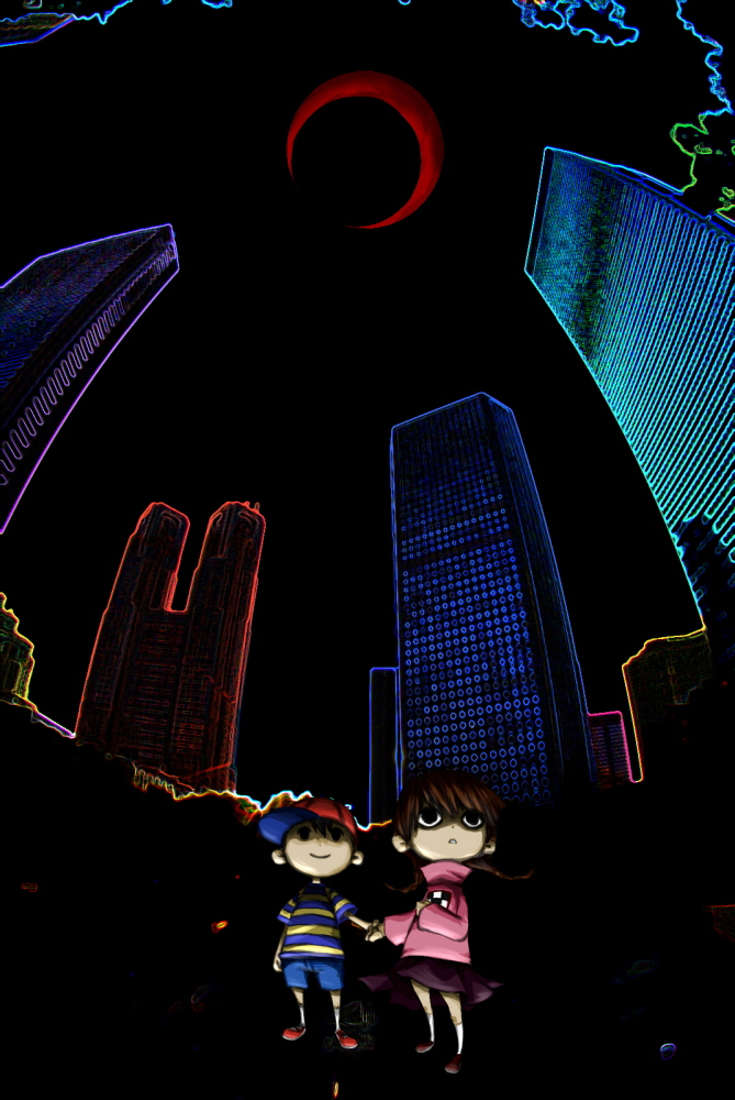 cochlea in aza, madotsuki, ness (mother 2), mother (series), mother 2, nintendo, yume nikki, 1boy, 1girl, brown hair, building, chibi, child, city, crossover, dark, fisheye, hat, high contrast, holding hands, moon, pink shirt, shirt, skirt, skyscraper, twintails