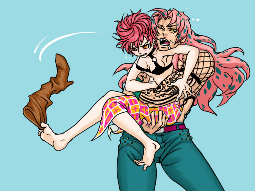fumaru, kabusumisu, diavolo, trish una, jojo no kimyou na bouken, vento aureo, spoilers, 1boy, 1girl, age difference, barefoot, between toes, blue background, boots, breasts, carrying, cleavage, embarrassed, father and daughter, feet, holding, holding with feet, lace, long hair, math, muscular, one eye closed, orange eyes, pink hair, saliva, short hair, sideboob, simple background, size difference, skirt, struggling, toes, unworn boots, wink, wristband, yellow eyes