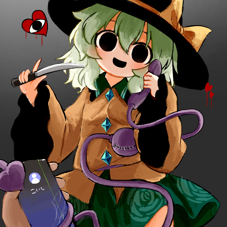 heripantomorrow, komeiji koishi, touhou, commentary request, 1girl, 1other, black eyes, black hat, cellphone, green hair, green skirt, hat, holding, holding knife, holding phone, incoming call, knife, long sleeves, looking at viewer, medium hair, open mouth, phone, shirt, skirt, smartphone, smile, wide sleeves, yellow shirt