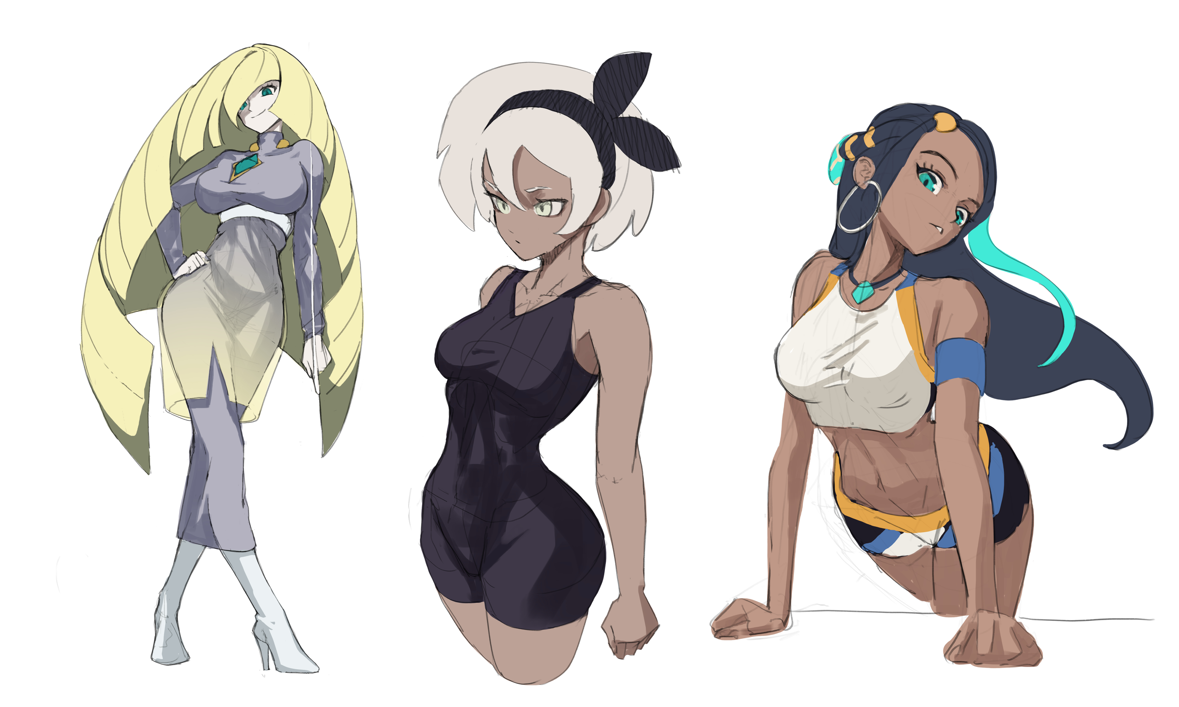 95hoody, bea (pokemon), lusamine (pokemon), nessa (pokemon), nintendo, pokemon, pokemon sm, pokemon swsh, absurdres, commentary, highres, 3girls, alternate breast size (larger), aqua eyes, bike shorts, black bodysuit, black hair, black hairband, blonde hair, bodysuit, boots, bow hairband, breasts, closed mouth, dark-skinned female, dark skin, dress, earrings, eyelashes, grey dress, grey eyes, hairband, hand on own hip, high heel boots, high heels, hoop earrings, jewelry, long hair, long sleeves, multiple girls, short hair, sports bra, white background