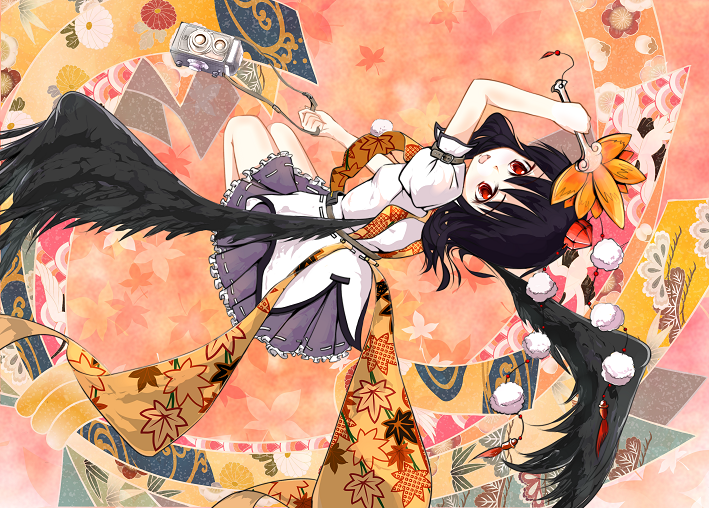 fuyuko, shameimaru aya, touhou, 1girl, black hair, black wings, camera, female focus, hat, looking up, open mouth, red eyes, short hair, skirt, smile, solo, tokin hat, twin-lens reflex camera, upside-down, wings