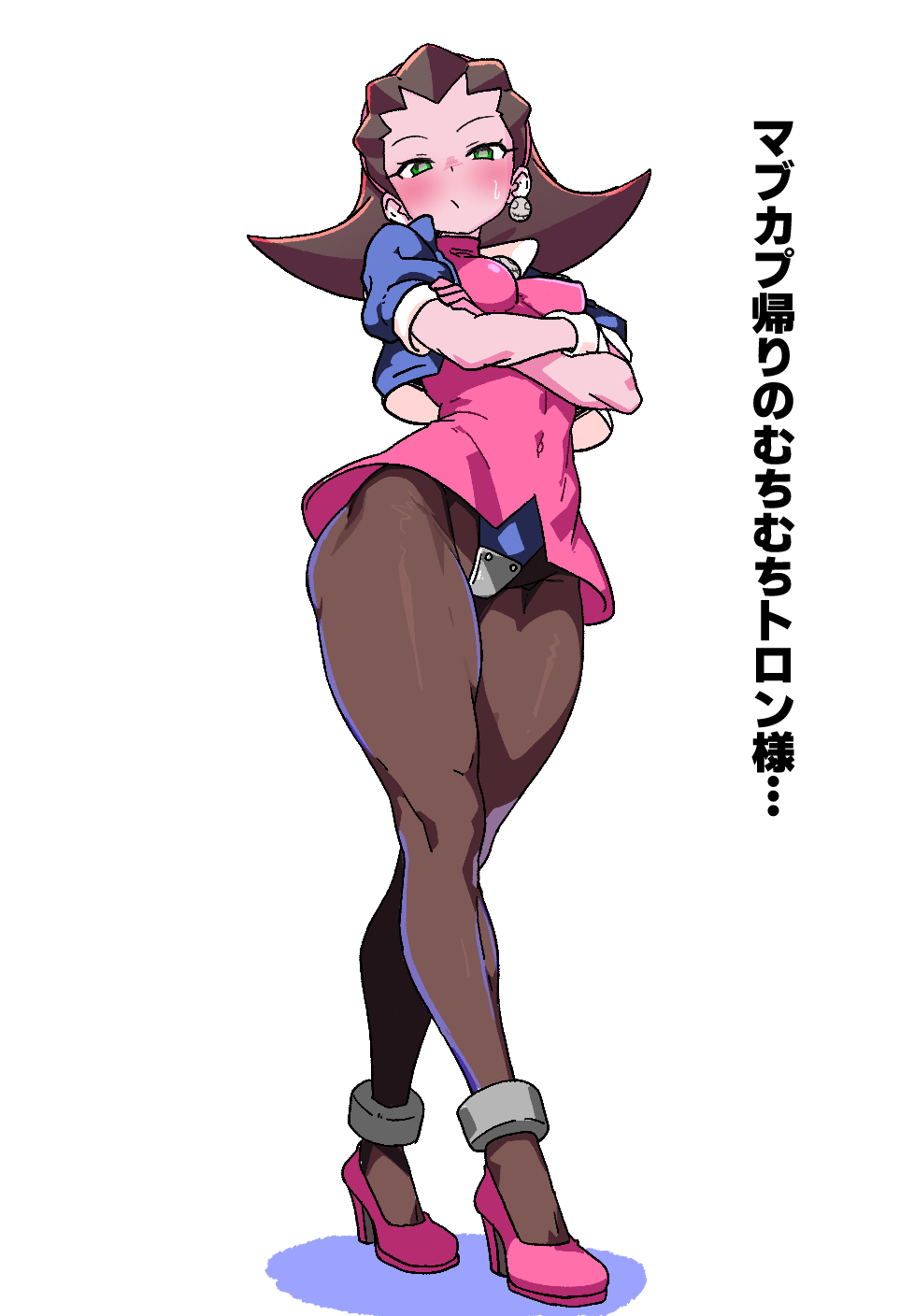 yaki apple, tron bonne (mega man), mega man (series), mega man legends, mega man legends (series), bad id, bad pixiv id, highres, translation request, 1girl, blush, breasts, brown hair, covered navel, cropped jacket, crossed arms, crotch plate, dress, earrings, full body, gloves, hair pulled back, hairband, high heels, jewelry, looking at viewer, microdress, pantyhose, pink dress, pink gloves, pink hairband, simple background, skull brooch, skull earrings, solo, sweatdrop, thick thighs, thighs