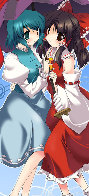 gomzaburo (yuugen jikkou), gonzaburou, hakurei reimu, tatara kogasa, touhou, 2girls, aqua eyes, aqua hair, brown eyes, brown hair, detached sleeves, dress, female focus, hair ribbon, heterochromia, holding, holding umbrella, japanese clothes, miko, multiple girls, ribbon, short hair, umbrella