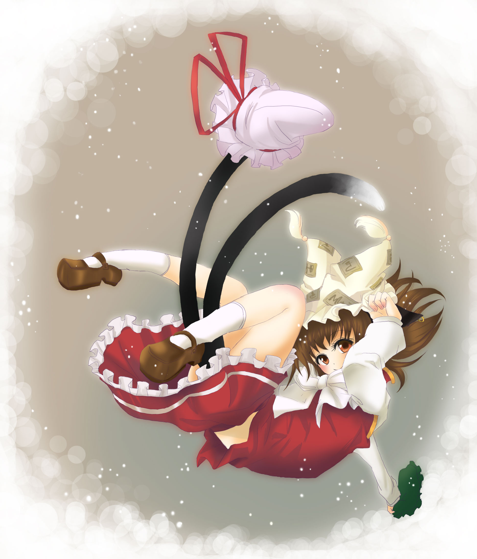 fuwayu, inutose, chen, touhou, highres, 1girl, animal ears, animal hat, between legs, borrowed clothes, brown eyes, brown hair, brown shoes, cat ears, cat girl, cat tail, female focus, full body, green hat, hat, headwear switch, holding, holding unworn clothes, holding unworn hat, legs up, midair, mob cap, multiple tails, plantar flexion, shoes, short hair, smile, snow, solo, tail, tail between legs, two tails, unworn hat, unworn headwear