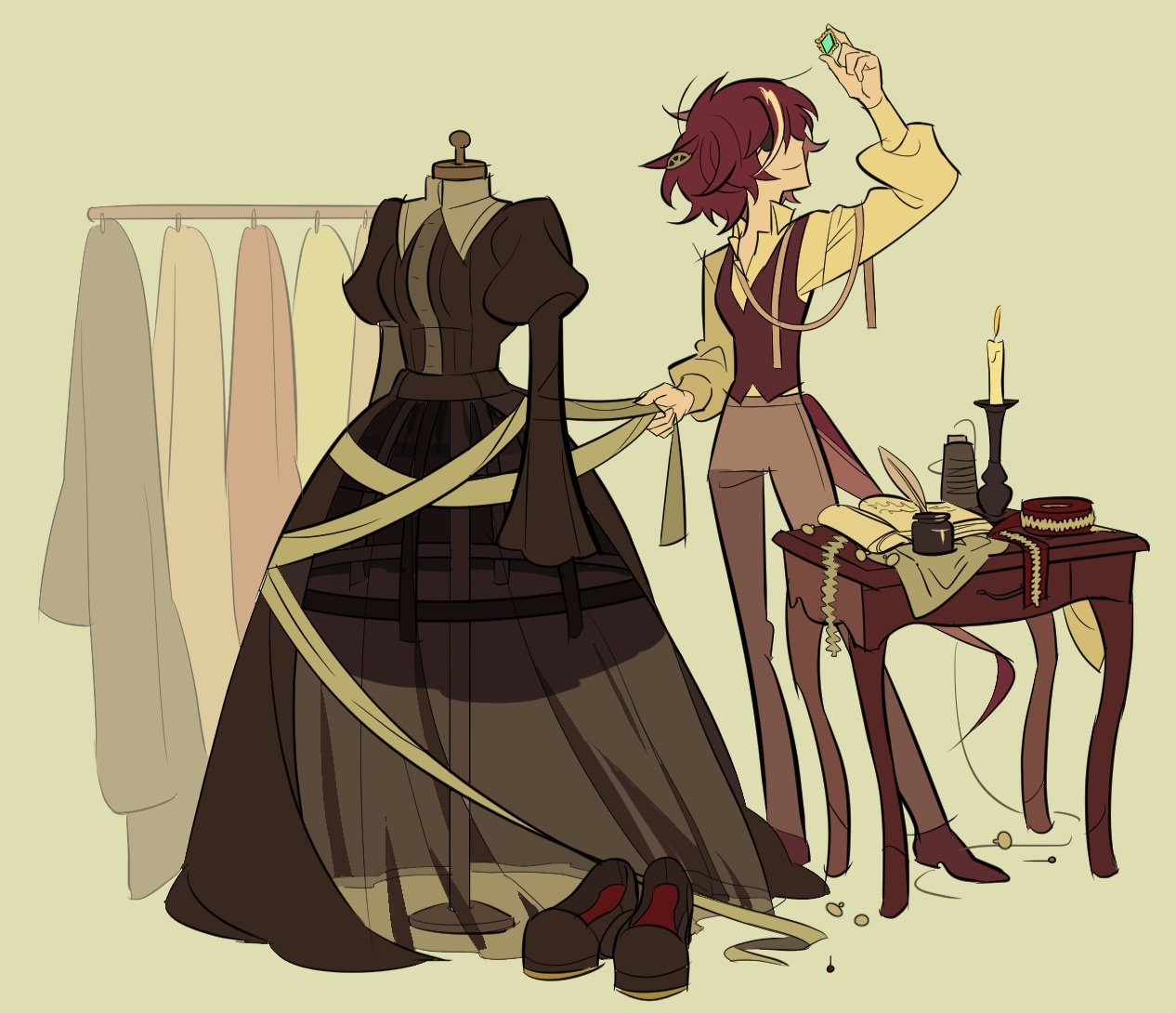 sazzi 01, tanino gimlet (umamusume), umamusume, commentary request, korean commentary, 1girl, alternate costume, animal ears, black dress, black shoes, black vest, book, brown hair, candle, candlestand, clothesline, collared shirt, dress, dress pants, dress shoes, ears down, eyepatch, fire, full body, gem, gown, grey background, grey pants, hair between eyes, happy, holding, holding gem, horse ears, horse girl, horse tail, inkwell, long dress, long hair between eyes, long sleeves, mannequin, multicolored hair, pants, puffy long sleeves, puffy sleeves, quill, shirt, shoes, short hair, simple background, solo, spool, standing, streaked hair, tail, tape measure, unworn dress, unworn shoes, vest, white shirt