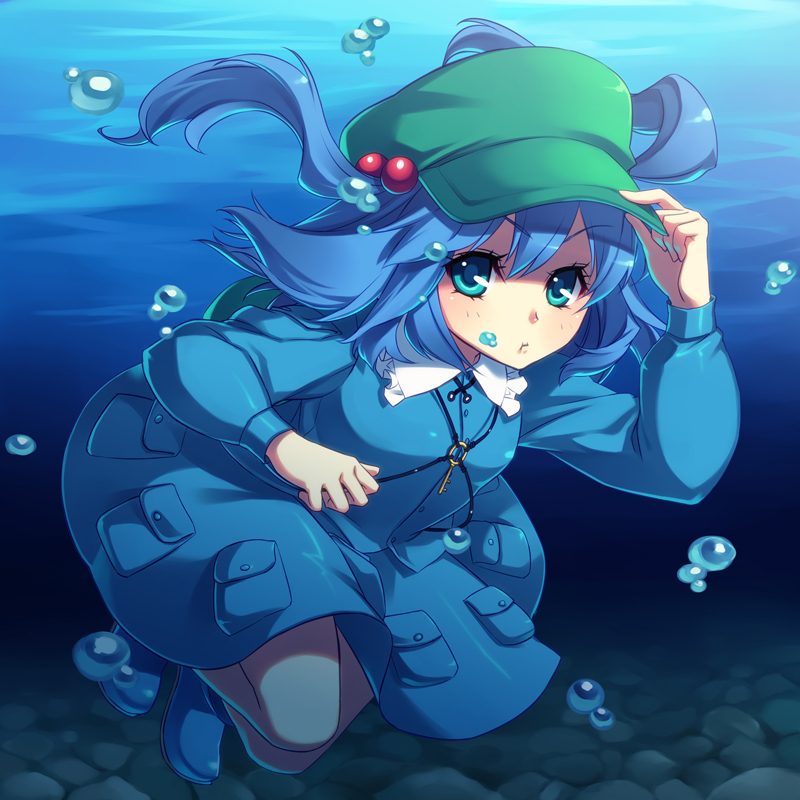 takahina, kawashiro nitori, touhou, bad id, bad pixiv id, 1girl, :t, backpack, bag, blue eyes, blue hair, female focus, full body, hair bobbles, hair ornament, hat, key, matching hair/eyes, randoseru, short hair, solo, twintails, two side up