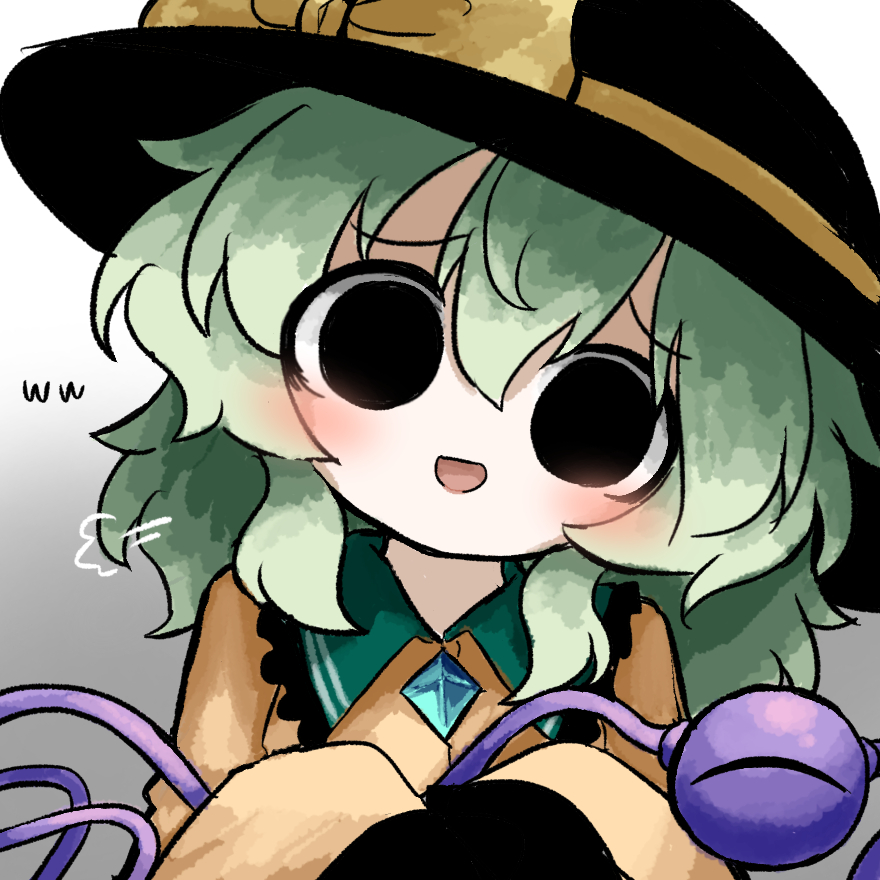 heripantomorrow, komeiji koishi, touhou, commentary request, 1girl, black eyes, black hat, bow, buttons, diamond button, eyeball, frilled shirt collar, frilled sleeves, frills, green hair, hat, hat bow, hat ribbon, ribbon, shirt, sleeves past wrists, smug, third eye, yellow ribbon, yellow shirt