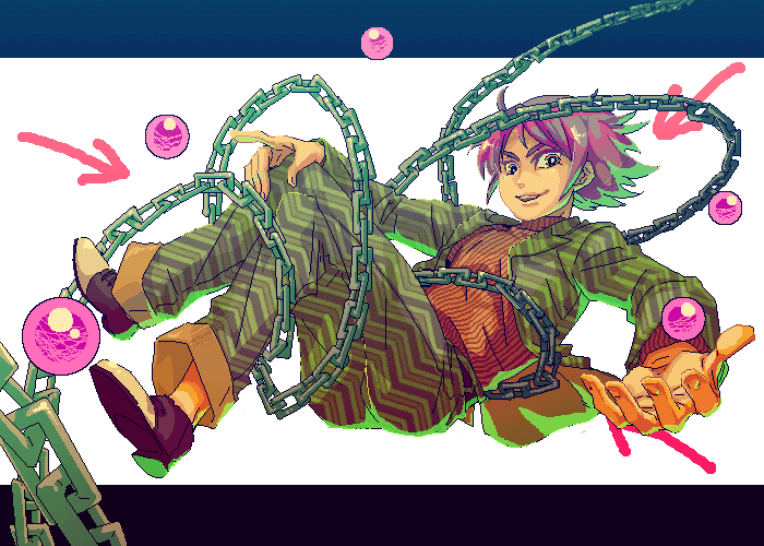 raizou, b.t., bt (ma shounen bt), ma shounen b.t., ma shounen bt, 1boy, arrow (symbol), chain, mahou shounen b.t., male focus, orange eyes, purple hair, solo