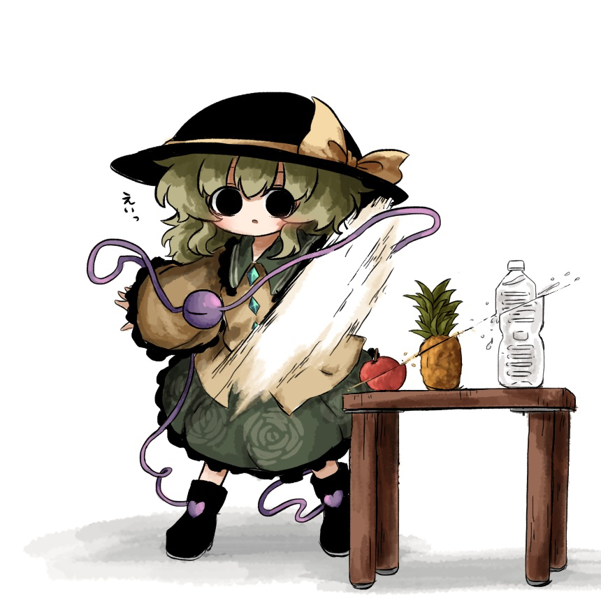 heripantomorrow, komeiji koishi, touhou, commentary request, 1girl, black boots, black eyes, black hat, boots, bottle, buttons, chibi, cutting, diamond button, floral print, food, frilled shirt collar, frilled skirt, frilled sleeves, frills, fruit, full body, green hair, green skirt, hair between eyes, hat, holding, holding knife, knife, long sleeves, medium hair, motion blur, open mouth, pineapple, print skirt, rose print, shirt, simple background, skirt, solo, standing, table, third eye, tomato, water bottle, water drop, wavy hair, white background, wide sleeves, yellow shirt