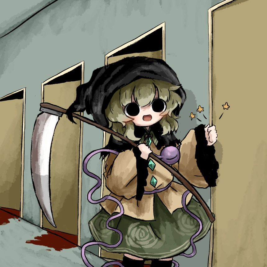 heripantomorrow, death (entity), grim reaper, komeiji koishi, touhou, commentary request, 1girl, :d, black eyes, black hood, black socks, blood, blood on ground, blush, buttons, death knocking on doors (meme), diamond button, eyeball, floral print, frilled shirt collar, frilled sleeves, frills, green hair, green skirt, holding, holding scythe, indoors, knocking, long sleeves, medium hair, meme, open mouth, rose print, scythe, shirt, skirt, smile, socks, solo, star (symbol), third eye, wide sleeves, yellow shirt