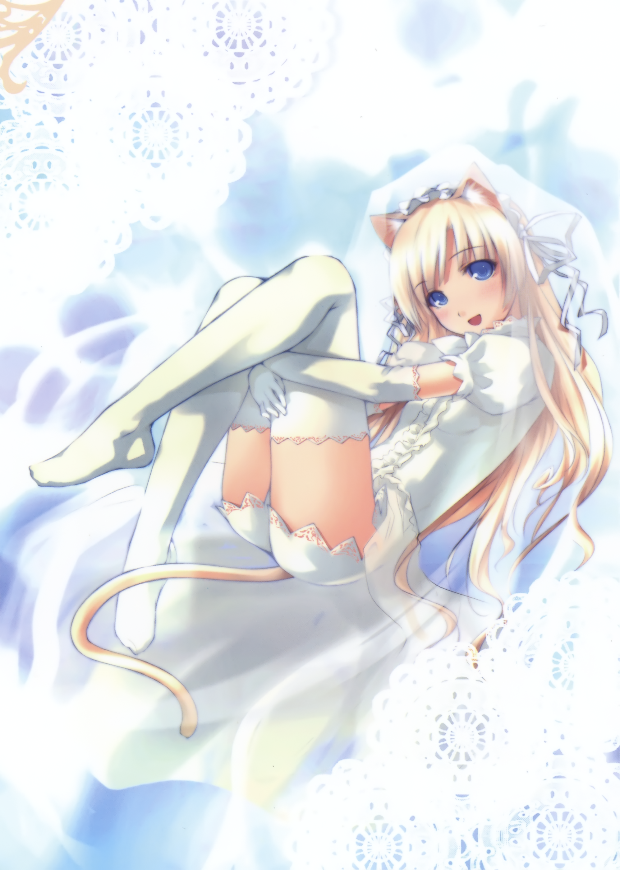 ooji, original, absurdres, highres, 1girl, animal ears, ass, blonde hair, blue eyes, blush, bridal veil, bride, cat ears, cat tail, dress, elbow gloves, feet, female focus, flat chest, gloves, hair ribbon, hairband, hugging own legs, legs, long hair, ribbon, smile, solo, tail, thighhighs, veil, wedding dress, white thighhighs