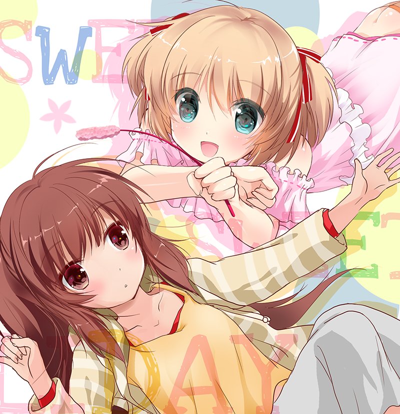 asahina yori, kamikita komari, natsume rin, little busters!, commentary request, 2girls, :d, ahoge, alternate costume, aqua eyes, bare shoulders, blonde hair, blush, brown eyes, brown hair, cat teaser, dress, drop shadow, english text, frilled dress, frills, grey pants, hair between eyes, hair ribbon, hand up, holding, holding cat teaser, long hair, long sleeves, looking at another, lying, multiple girls, off-shoulder dress, off shoulder, on back, on stomach, open mouth, pants, pink dress, ponytail, red ribbon, ribbon, shirt, short hair, sidelocks, simple background, smile, two side up, white background, yellow shirt