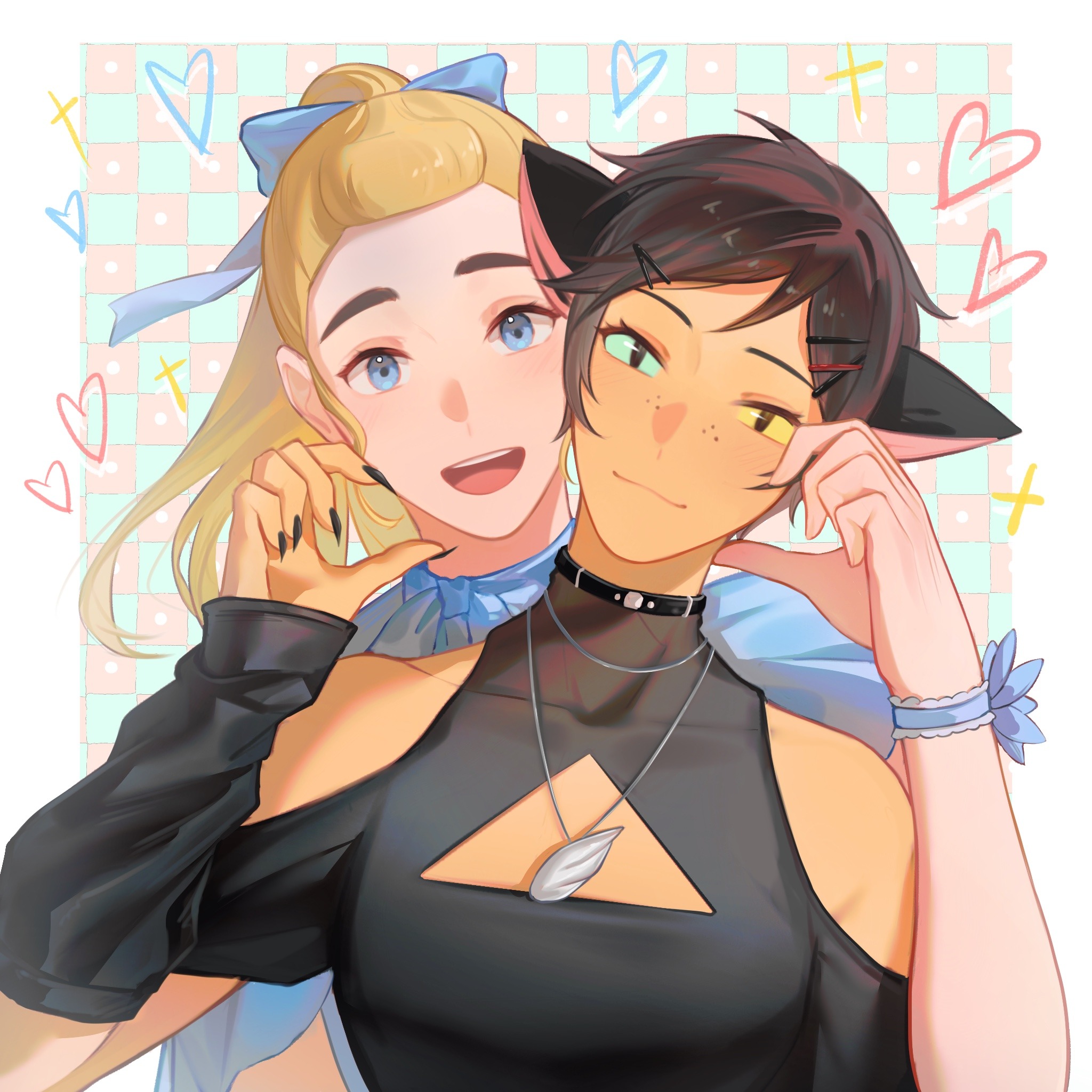 youliqy, adora (she-ra), catra, masters of the universe, she-ra and the princesses of power, commentary request, highres, 2girls, :3, animal ears, blue eyes, blue sclera, brown hair, casual, cat ears, cat girl, clothing cutout, collar, colored sclera, contemporary, detached sleeves, fingernails, hand on own face, jewelry, long fingernails, looking at viewer, mismatched sclera, multiple girls, necklace, open mouth, pompadour, sharp fingernails, short hair, teeth, upper teeth only, very short hair, yellow sclera, yuri