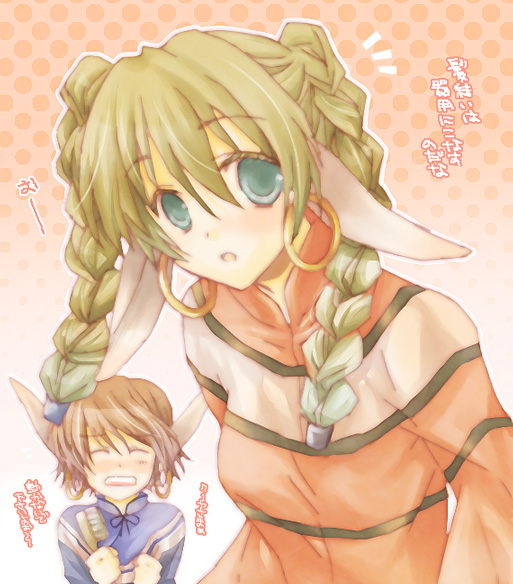 kanan yt, kuuya amrulineulka, sakuya (utawarerumono), utawarerumono, bad id, bad pixiv id, translation request, 2girls, animal ears, braid, earrings, green eyes, jewelry, long hair, multiple girls, rabbit ears, twintails