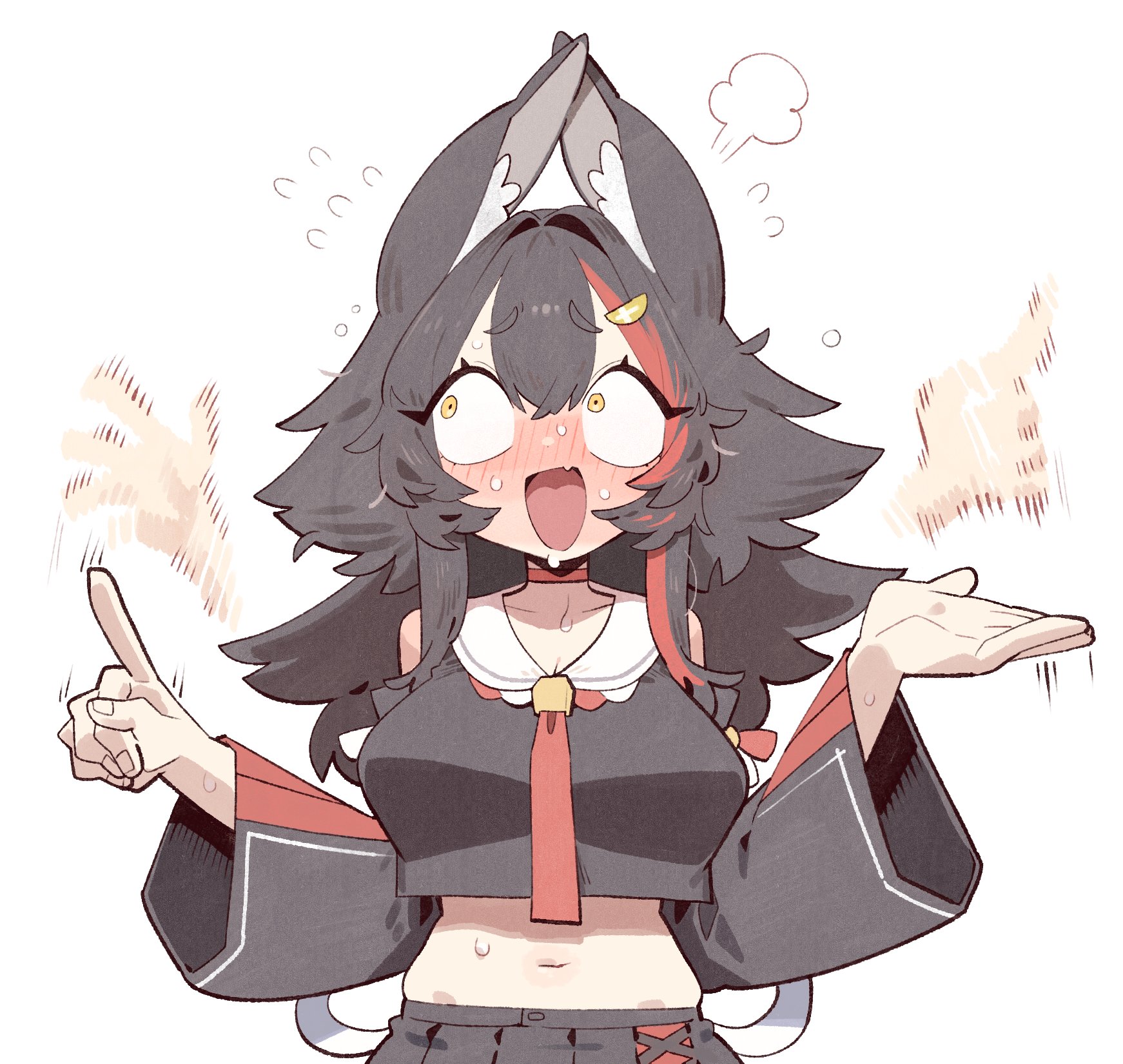 cocomayo29 (tomato), ookami mio, ookami mio (1st costume), hololive, commentary, highres, symbol-only commentary, 1girl, afterimage, animal ear fluff, animal ears, black hair, blush, breasts, detached sleeves, embarrassed, hair ornament, long hair, midriff, motion blur, multicolored hair, navel, open mouth, red streaks, shirt, skirt, solo, streaked hair, virtual youtuber, wolf ears, wolf girl, yellow eyes