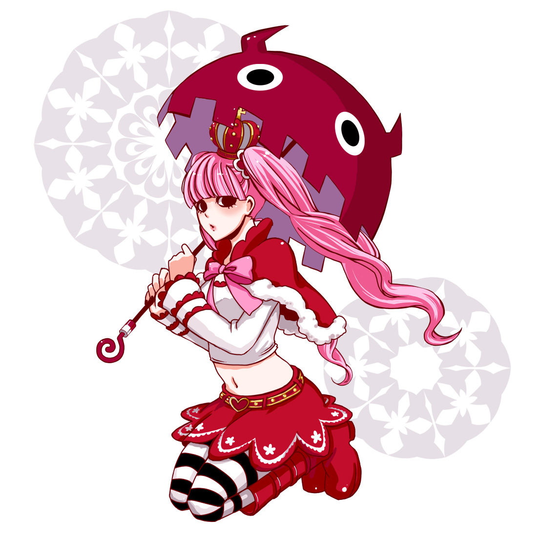 arie (gmpr), perona, one piece, red footwear, bad id, bad pixiv id, 1girl, boots, cape, capelet, crown, female focus, full body, heart, long hair, long sleeves, midriff, pantyhose, pink hair, red cape, red crown, red skirt, shoes, short cape, simple background, skirt, solo, striped clothes, striped pantyhose, twintails, umbrella