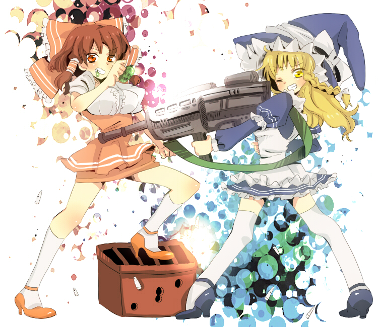ppera, hakurei reimu, kirisame marisa, anna miller, touhou, bad id, bad pixiv id, 1girl, blonde hair, bow, box, braid, brown hair, detached sleeves, donation box, dress, female focus, full body, gun, hair bow, halftone, halftone background, hat, japanese clothes, miko, red eyes, short hair, solo, thighhighs, waitress, weapon, white background, witch, witch hat, yellow eyes