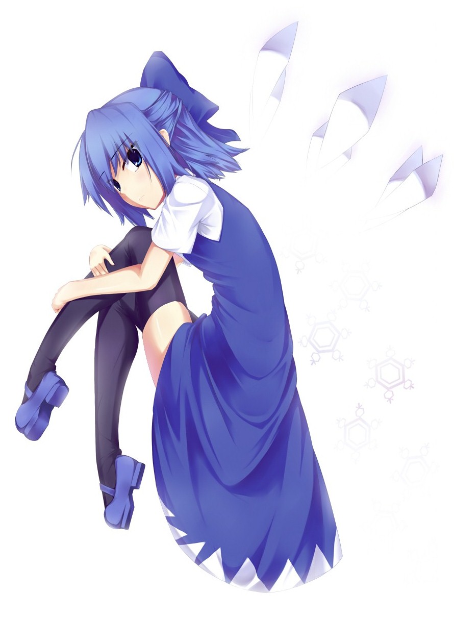 ban (bannyata), cirno, embodiment of scarlet devil, touhou, highres, 1girl, black thighhighs, blue eyes, blue hair, bow, female focus, full body, hair bow, legs, mary janes, matching hair/eyes, shoes, short hair, solo, thighhighs, white background, wings