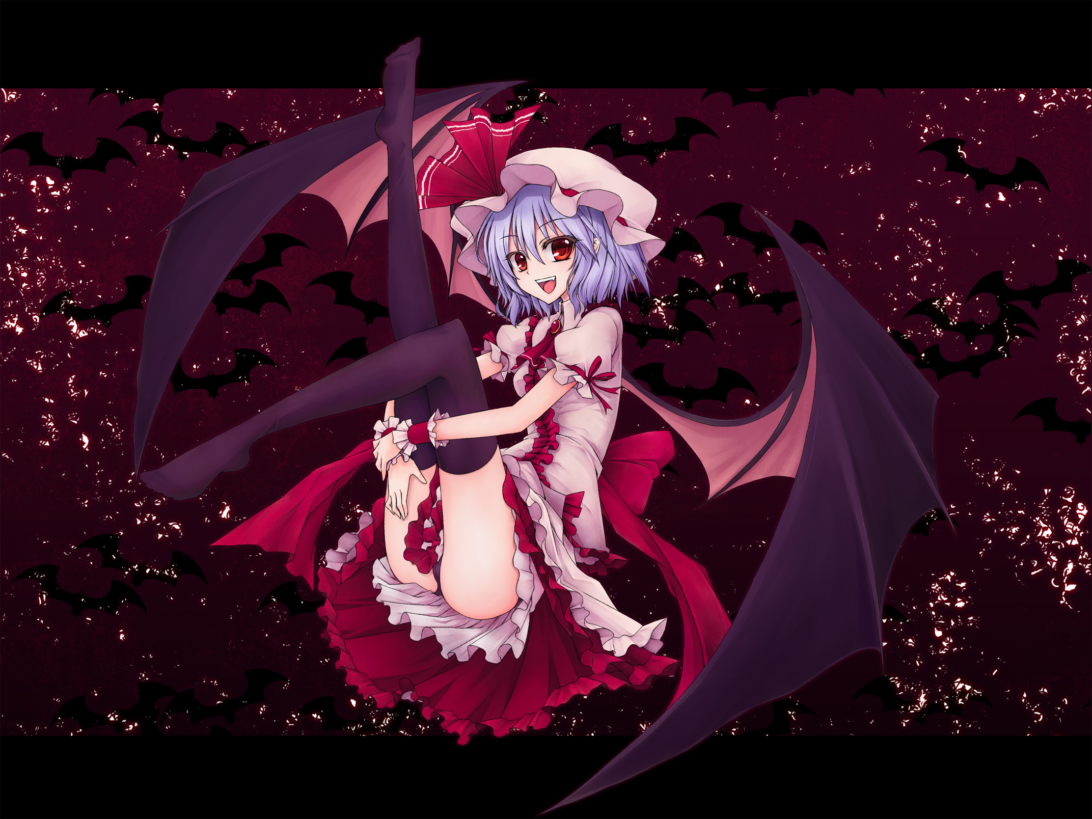 utakata (kochou no yume), remilia scarlet, touhou, light purple hair, toe-point, highres, 1girl, ass, bat (animal), bat wings, black thighhighs, colored eyelashes, eyelashes, fangs, feet, female focus, hat, hugging own legs, legs, legs up, looking at viewer, open mouth, panties, red eyes, short hair, sitting, smile, solo, thighhighs, underwear, wings