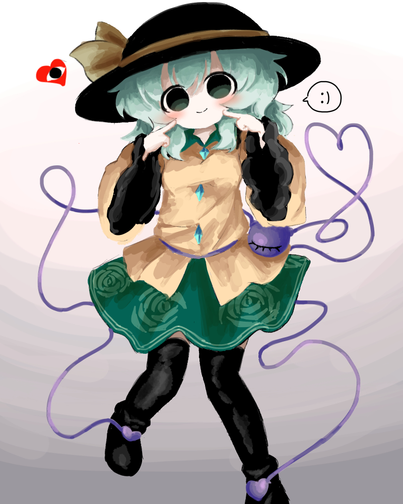 heripantomorrow, komeiji koishi, touhou, commentary request, 1girl, black hat, buttons, closed mouth, contrast collar, diamond button, green eyes, green hair, green skirt, hair between eyes, hat, hat ribbon, long hair, looking at viewer, ribbon, shirt, skirt, smile, solo, spoken smile, third eye, yellow ribbon, yellow shirt