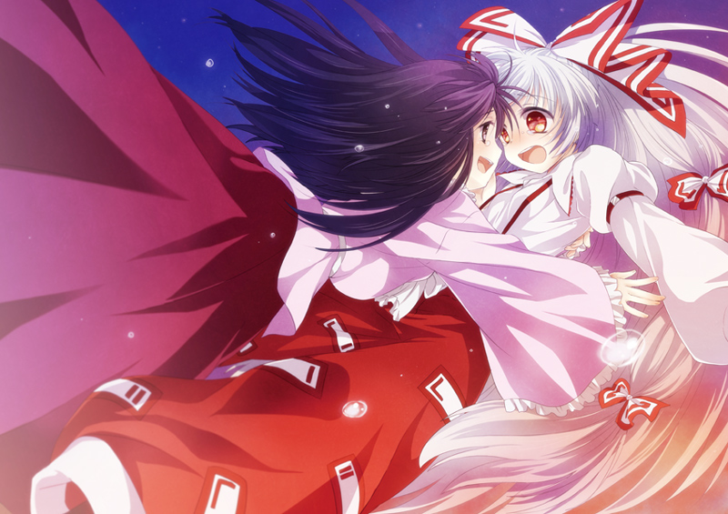 kona, kona (canaria), fujiwara no mokou, houraisan kaguya, touhou, silver hair, bad id, bad pixiv id, 2girls, black hair, crying, crying with eyes open, dress shirt, eye contact, female focus, glomp, hair ribbon, happy tears, hug, long hair, long sleeves, looking at another, multiple girls, open mouth, red eyes, ribbon, shirt, skirt, suspenders, tears, tress ribbon, very long hair, white shirt, wide sleeves