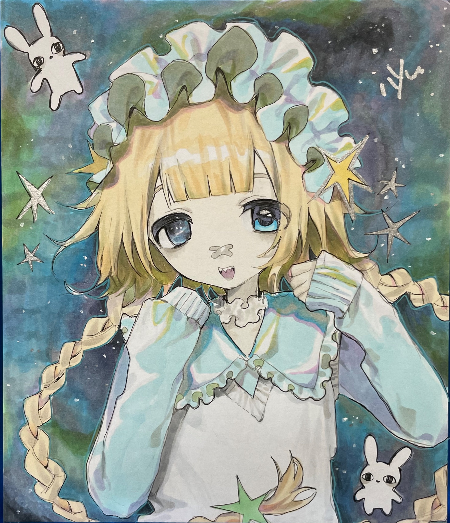 hayu (hayu0305), original, highres, 1girl, bandaid, bandaid on face, bandaid on nose, blonde hair, braid, crossed bandaids, frilled hairband, frills, hairband, hands up, long hair, long sleeves, looking at viewer, open mouth, rabbit, sleeves past wrists, solo, sweater vest, twin braids, upper body, white sweater vest